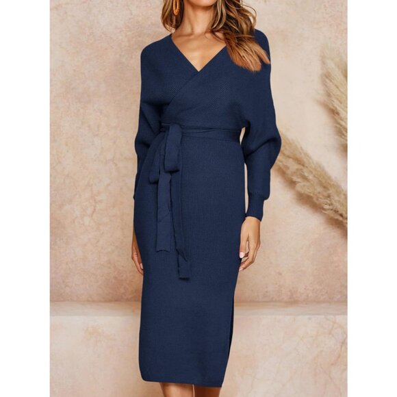 Women's Sweater Dress Wrap Batwing V Neck Slit Bodycon Dress Valentine Navy - Picture 5 of 6